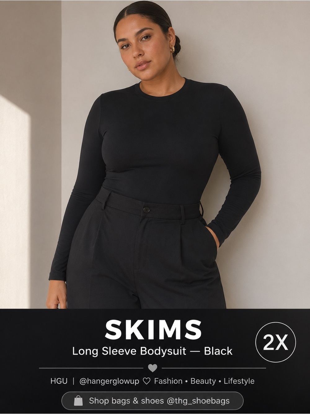 SKIMS Black Long Sleeve Bodysuit 2X Soft Stretch Minimalist Essential